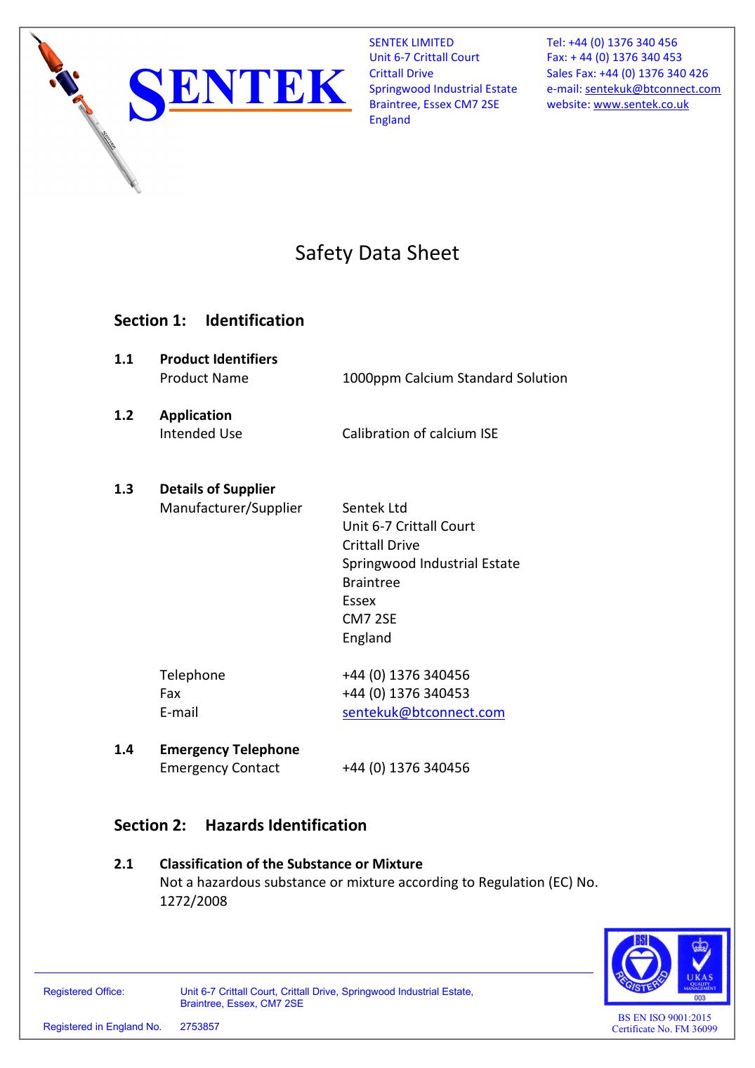 1000ppm Calcium Standard Solution Safety Data Sheet