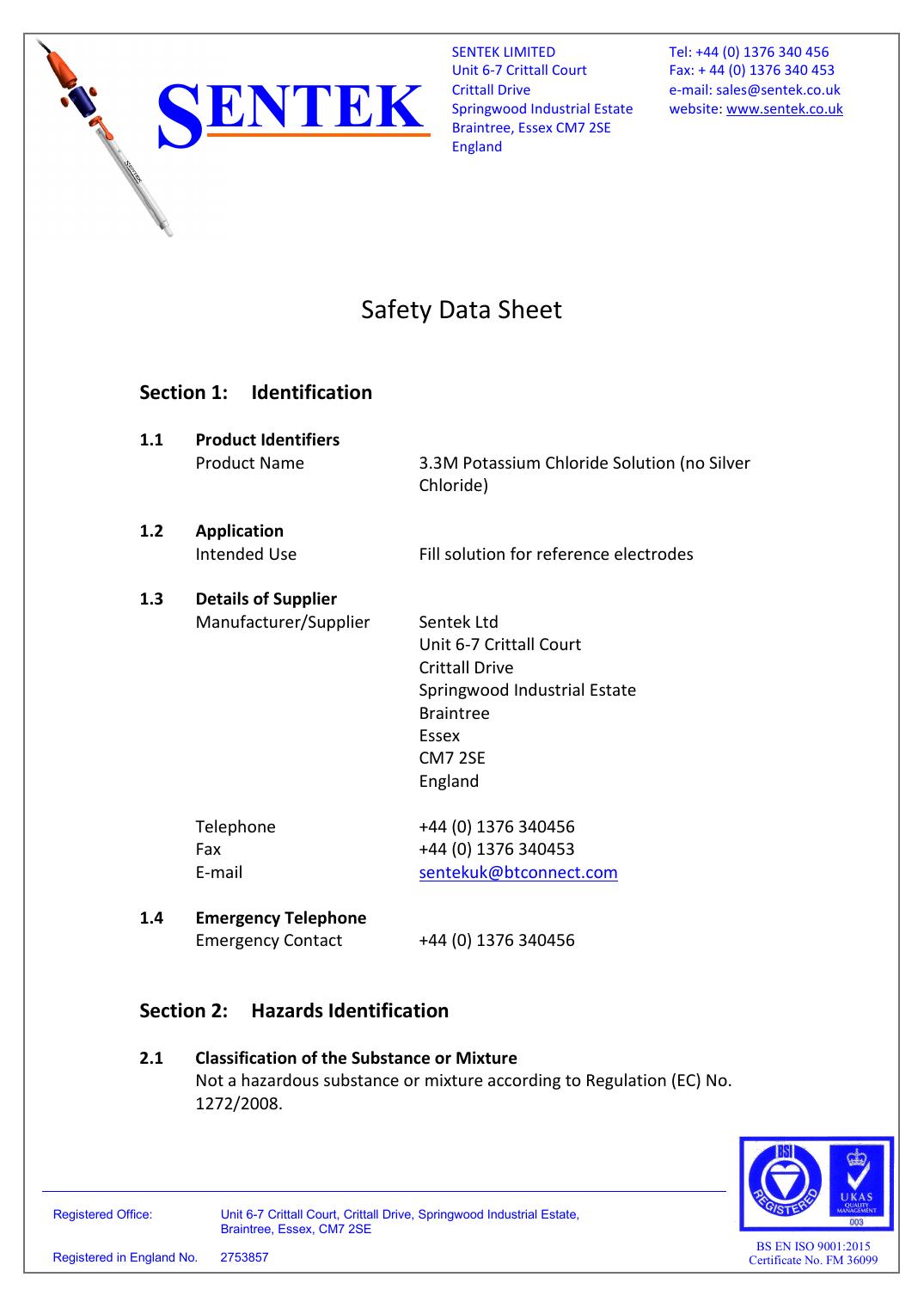 3.3m Potassium Chloride Solution No Silver Chloride Safety Data Sheet