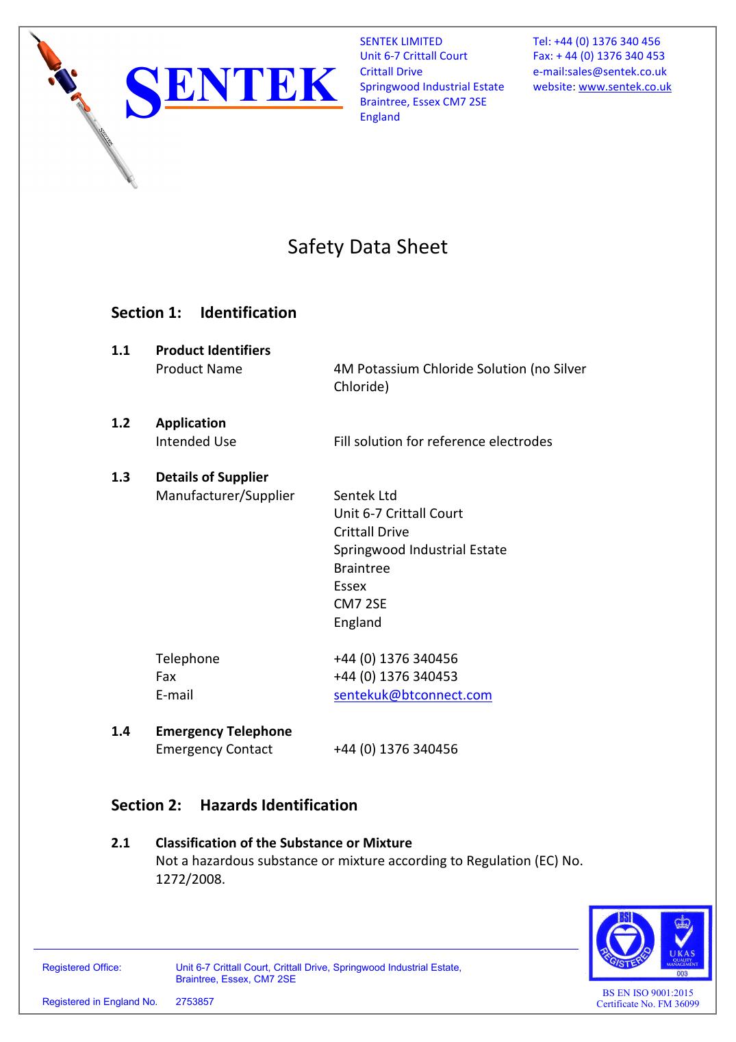4m Potassium Chloride Solution No Silver Chloride Safety Data Sheet