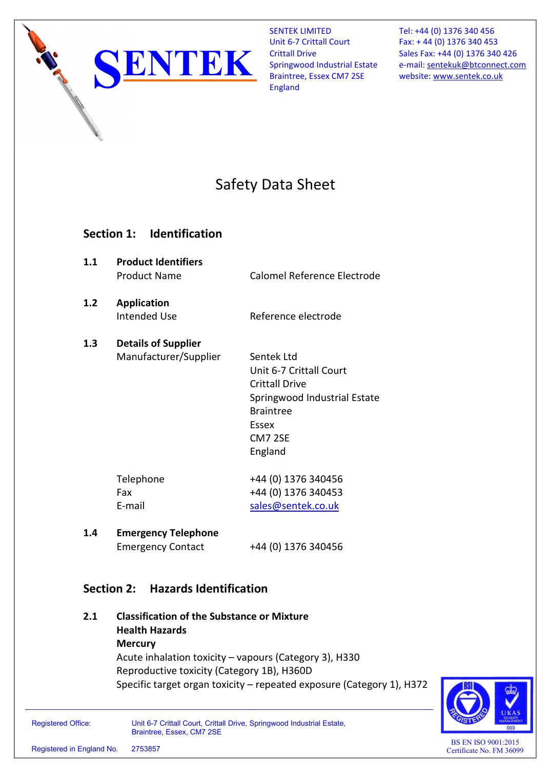 Calomel Reference Electrode Safety Data Sheet