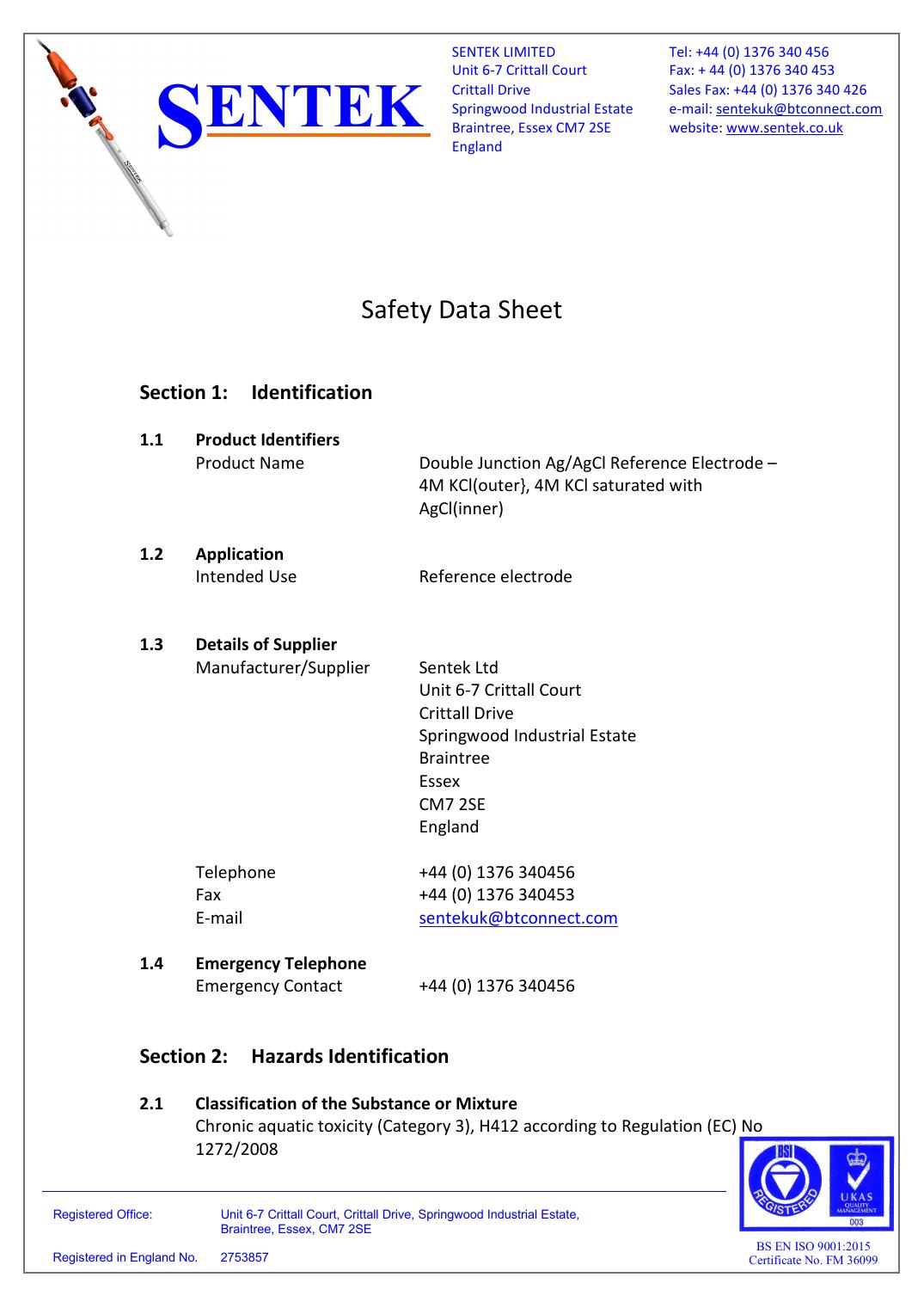 Double Junction Agagcl Reference Electrode 4m Kclouter 4m Kcl Saturated With Agclinner Safety Data Sheet