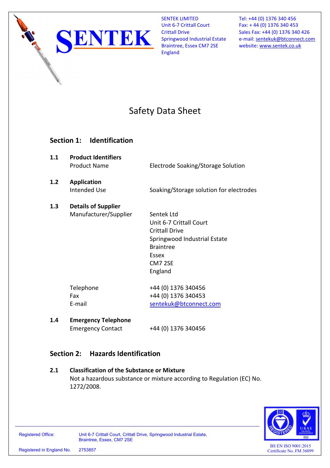 Electrode Soaking Solution Safety Data Sheet