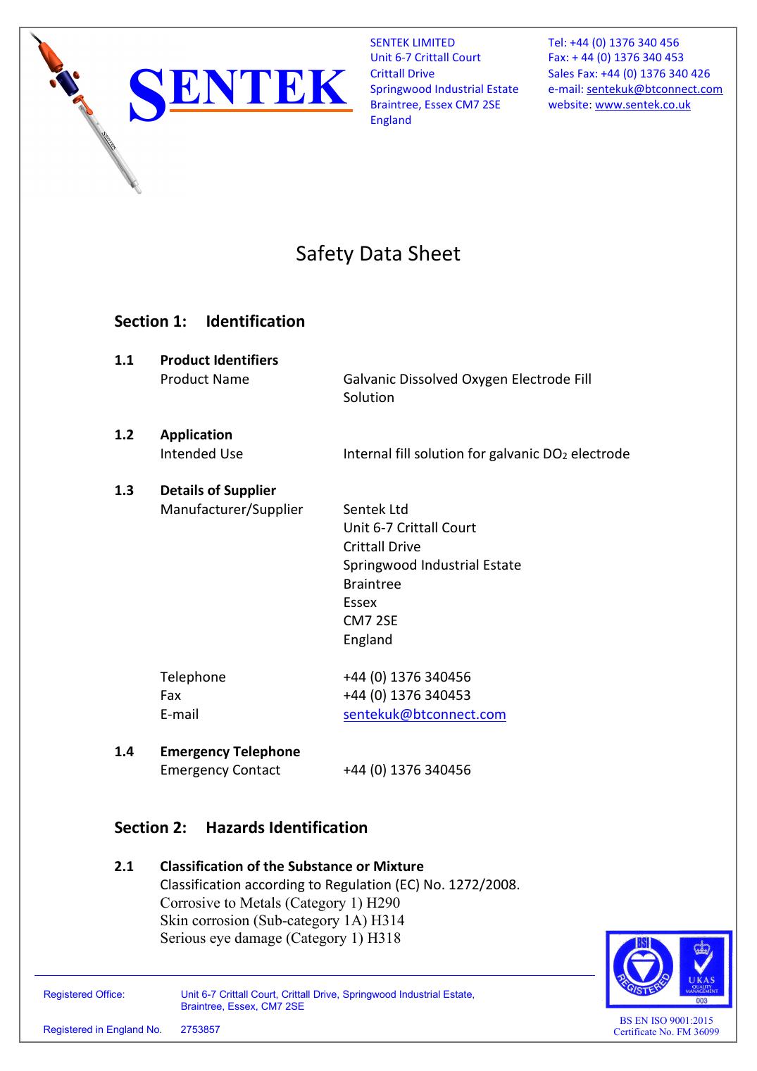 Galvanic Dissolved Oxygen Electrode Fill Solution Safety Data Sheet