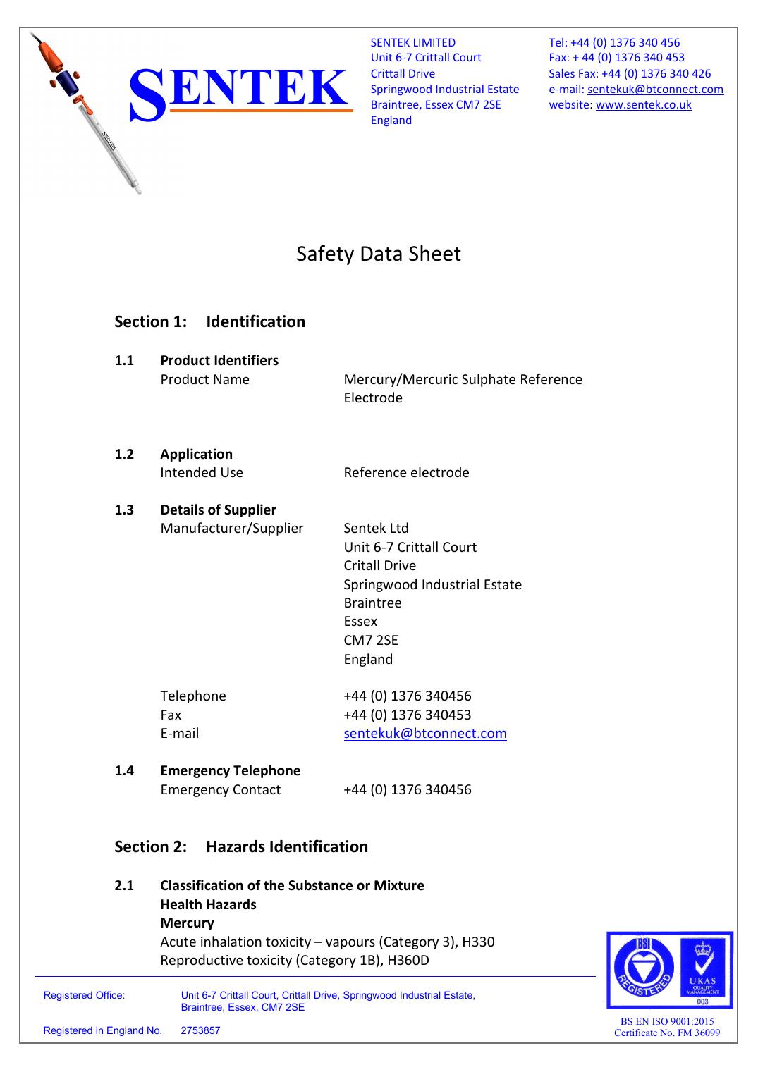 Mercury Mercuric Sulphate Reference Electrode Safety Data Sheet