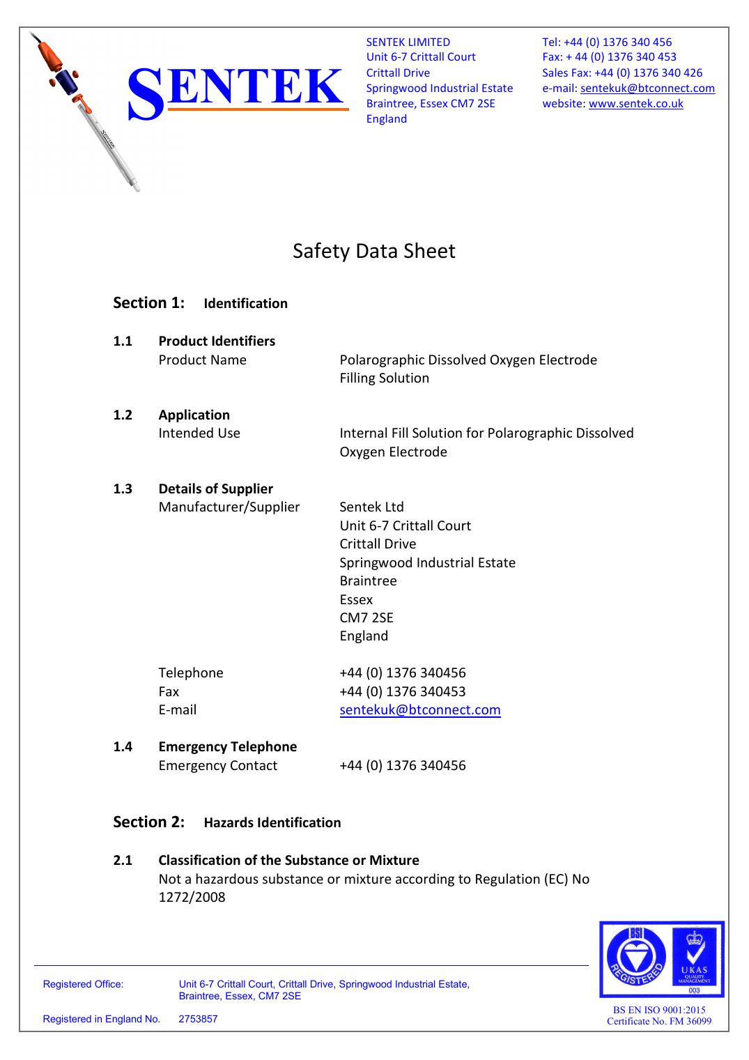 Polarographic Dissolved Oxygen Electrode Fill Solution Safety Data Sheet