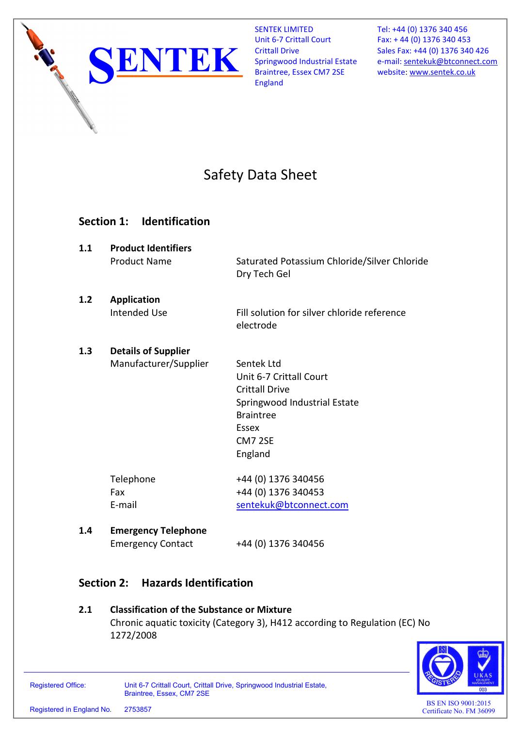 Saturated Potassium Chloride Silver Chloride Dry Tech Gel Safety Data Sheet